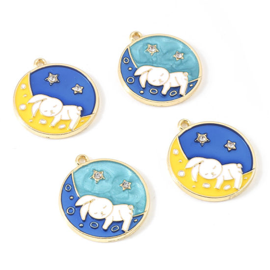 Imagen de Zamak día de Pascua Colgantes Charms Ronda Chapado en Oro Multicolor Conejo Transparente Rhinestone Esmalte 25mm x 22mm, 10 Unidades