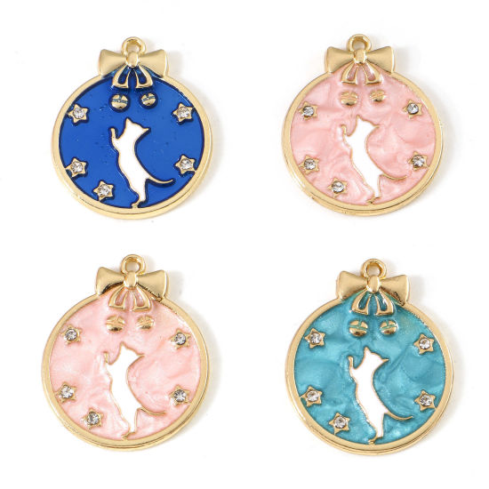 Picture of Zinc Based Alloy Charms Gold Plated Multicolor Round Cat Enamel Clear Rhinestone 27mm x 22mm