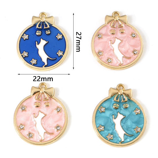 Picture of Zinc Based Alloy Charms Gold Plated Multicolor Round Cat Enamel Clear Rhinestone 27mm x 22mm