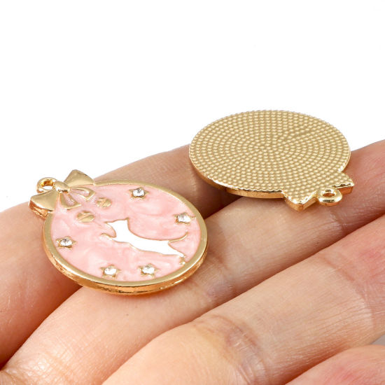 Picture of Zinc Based Alloy Charms Gold Plated Multicolor Round Cat Enamel Clear Rhinestone 27mm x 22mm