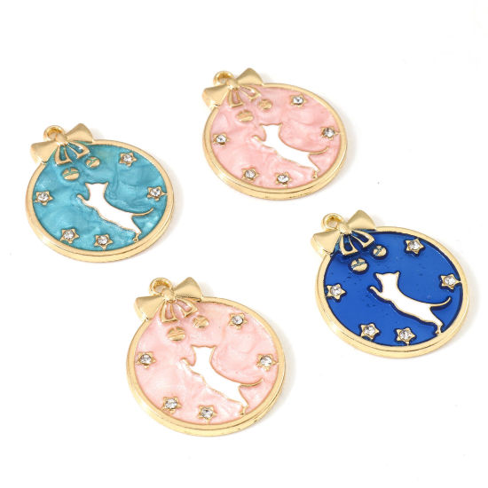 Picture of Zinc Based Alloy Charms Gold Plated Multicolor Round Cat Enamel Clear Rhinestone 27mm x 22mm