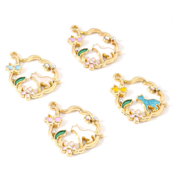 Picture of Zinc Based Alloy Charms Gold Plated Multicolor Cat Animal Wreath Enamel AB Color Rhinestone 28mm x 22mm