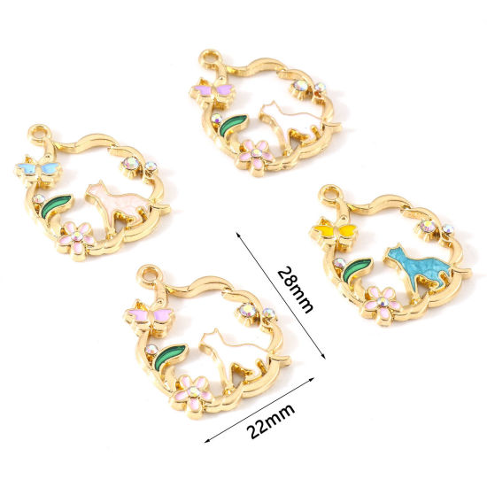 Picture of Zinc Based Alloy Charms Gold Plated Multicolor Cat Animal Wreath Enamel AB Color Rhinestone 28mm x 22mm