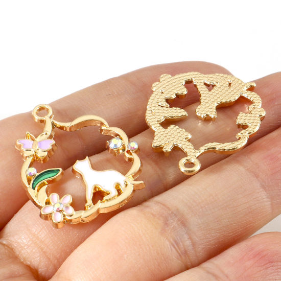 Picture of Zinc Based Alloy Charms Gold Plated Multicolor Cat Animal Wreath Enamel AB Color Rhinestone 28mm x 22mm