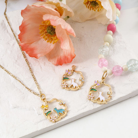 Picture of Zinc Based Alloy Charms Gold Plated Multicolor Cat Animal Wreath Enamel AB Color Rhinestone 28mm x 22mm