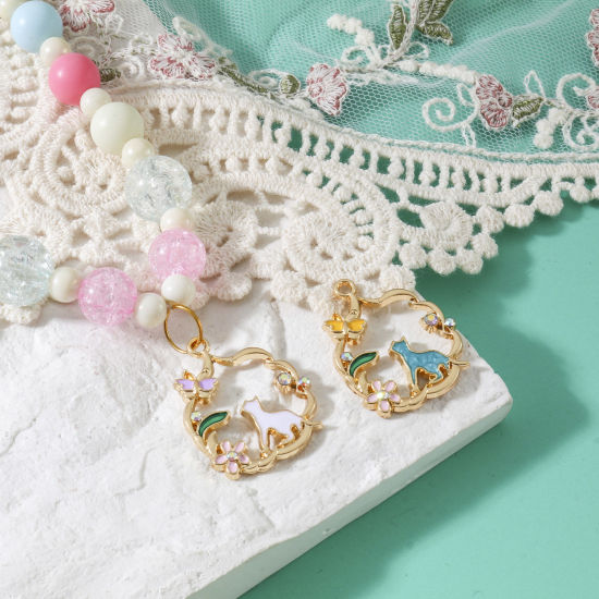 Picture of Zinc Based Alloy Charms Gold Plated Multicolor Cat Animal Wreath Enamel AB Color Rhinestone 28mm x 22mm