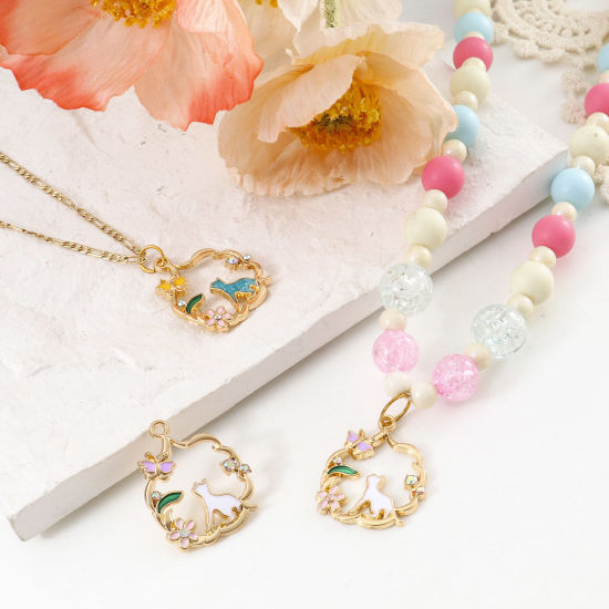 Picture of Zinc Based Alloy Charms Gold Plated Multicolor Cat Animal Wreath Enamel AB Color Rhinestone 28mm x 22mm