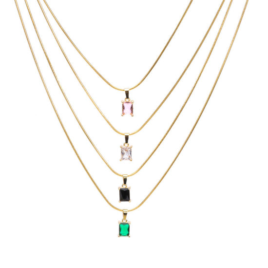 Picture of Eco-friendly Exquisite Birthstone 18K Real Gold Plated 304 Stainless Steel & Cubic Zirconia Snake Chain Rectangle Pendant Necklace For Women Birthday