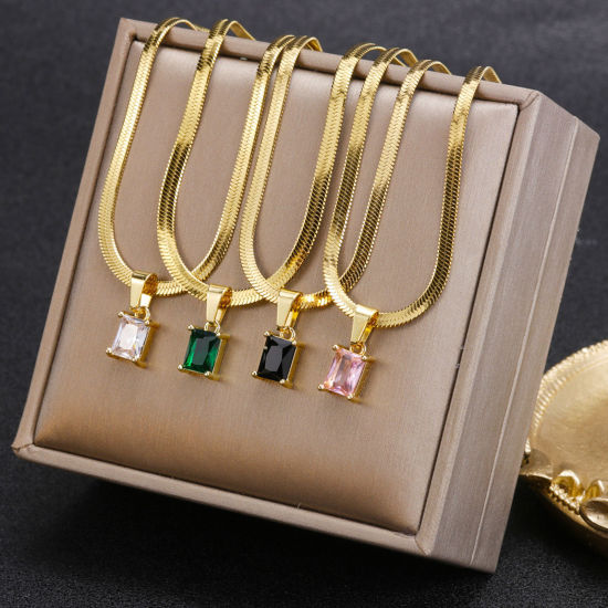 Picture of Eco-friendly Exquisite Birthstone 18K Real Gold Plated 304 Stainless Steel & Cubic Zirconia Snake Chain Rectangle Pendant Necklace For Women Birthday