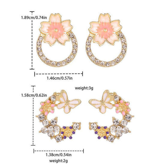 Picture of Romantic Ear Post Stud Earrings Gold Plated Flower Butterfly Clear Rhinestone Enamel