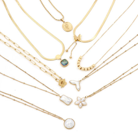 Picture of 304 Stainless Steel Stylish Curb Link Chain Necklace 18K Gold Plated Fishtail Imitation Pearl