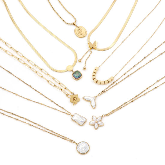 Picture of 304 Stainless Steel Stylish Curb Link Chain Necklace 18K Gold Plated Fishtail Imitation Pearl