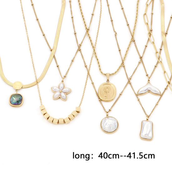 Picture of 304 Stainless Steel Stylish Curb Link Chain Necklace 18K Gold Plated Fishtail Imitation Pearl