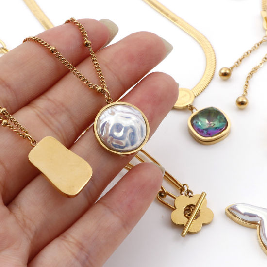 Picture of 304 Stainless Steel Stylish Curb Link Chain Necklace 18K Gold Plated Fishtail Imitation Pearl