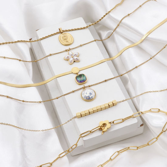 Picture of 304 Stainless Steel Stylish Curb Link Chain Necklace 18K Gold Plated Fishtail Imitation Pearl
