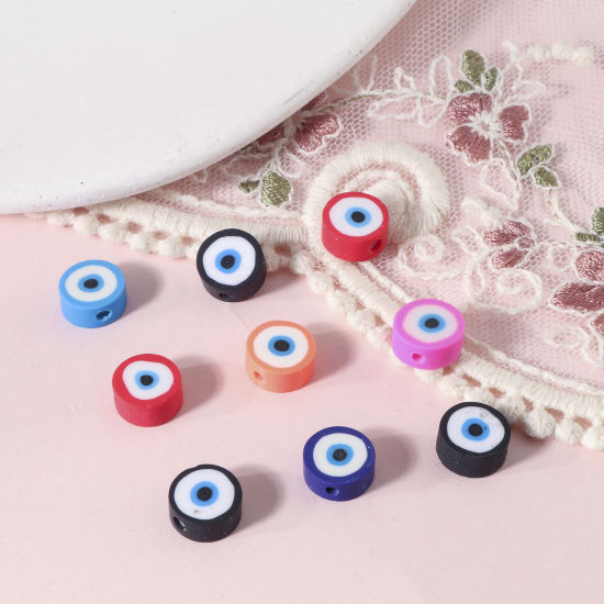 Bild von Polymer Ton Religiös Perlen Rund Bunt, mit Böser Blick Evil Eye Muster, 10mm D., Loch: 1.8mm, 100 Stück