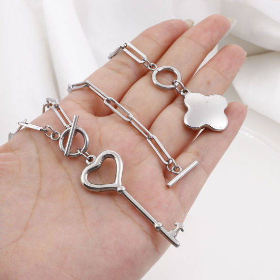 Immagine di 304 Acciaio Inossidabile Elegante Catena a Graffetta Collana Tono Argento Cuore Fiore 49.5cm Lunghezza, 1 Pz