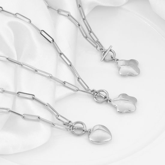 Immagine di 304 Acciaio Inossidabile Elegante Catena a Graffetta Collana Tono Argento Cuore Fiore 49.5cm Lunghezza, 1 Pz