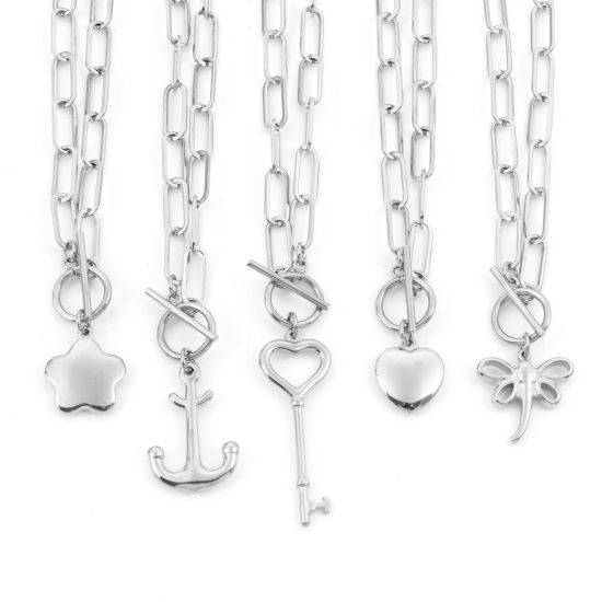Imagen de 304 Acero Inoxidable Elegante Catena di Fermagli Collares Tono de Plata Corazón Flor 50cm longitud, 1 Unidad
