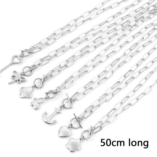 Imagen de 304 Acero Inoxidable Elegante Catena di Fermagli Collares Tono de Plata Corazón Flor 50cm longitud, 1 Unidad