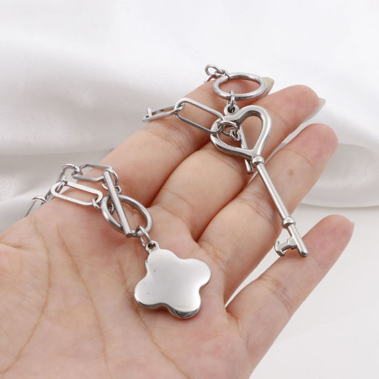Imagen de 304 Acero Inoxidable Elegante Catena di Fermagli Collares Tono de Plata Corazón Flor 50cm longitud, 1 Unidad