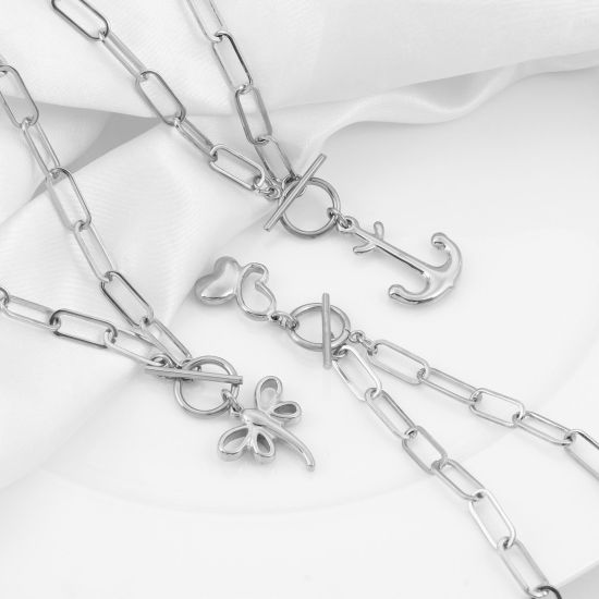 Imagen de 304 Acero Inoxidable Elegante Catena di Fermagli Collares Tono de Plata Corazón Flor 50cm longitud, 1 Unidad