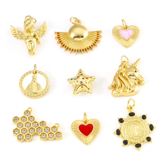 Picture of Brass Charms Gold Plated Red Horse Animal Angel Clear Cubic Zirconia