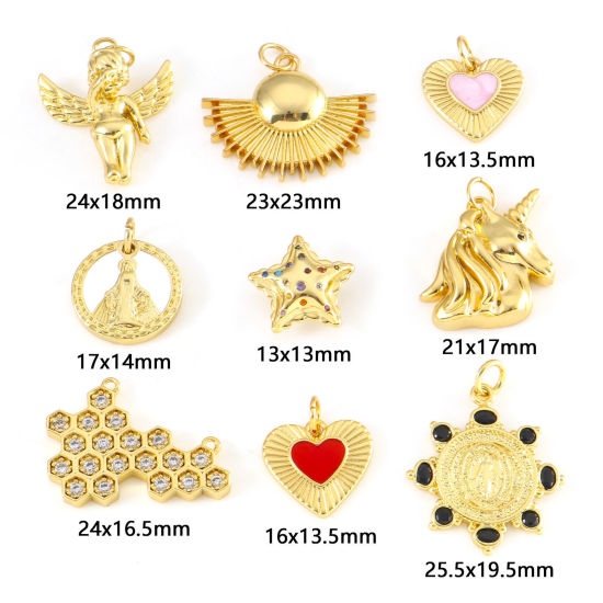 Picture of Brass Charms Gold Plated Red Horse Animal Angel Clear Cubic Zirconia