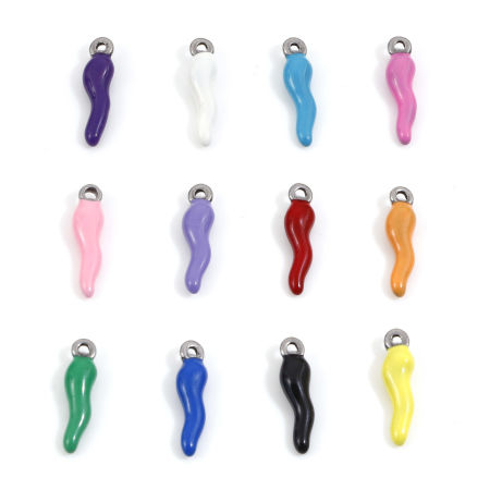 Image de 2 Pcs Breloques en 304 Acier Inoxydable Argent Mat Multicolore Cornicello Piment Italien en Forme de Corne Émail 17.5mm x 4.5mm 