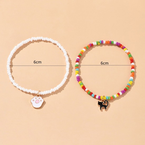 Image de Ensemble de Bracelet de Cheville Mignon en Acrylique Multicolore Chat Empreinte de Patte Elastique 1 Kit