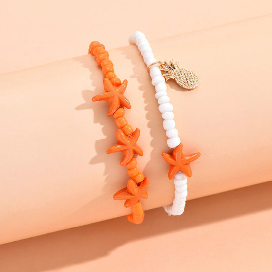 Image de Ensemble de Bracelet de Cheville Style Bohème en Acrylique Doré Multicolore Etoile de Mer Ananas Perlé 1 Kit