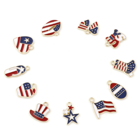 Immagine di Lega di Zinco Sport Charms Oro Placcato Rosso & Blu Bandiera degli Stati Uniti Smalto 20 Pz