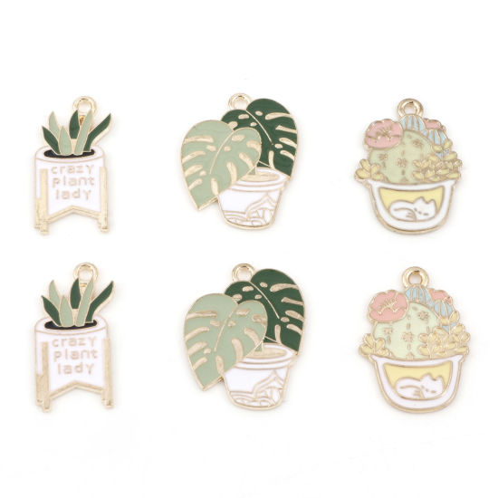 Picture of Zinc Based Alloy Charms Gold Plated Multicolor Pot Plant Enamel