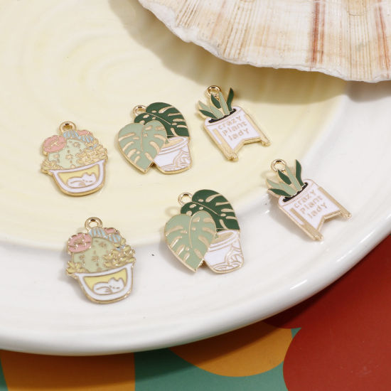 Picture of Zinc Based Alloy Charms Gold Plated Multicolor Pot Plant Enamel