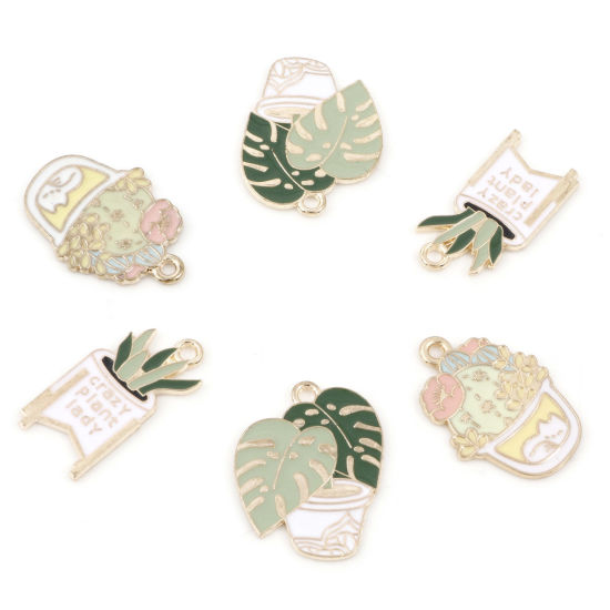 Picture of Zinc Based Alloy Charms Gold Plated Multicolor Pot Plant Enamel