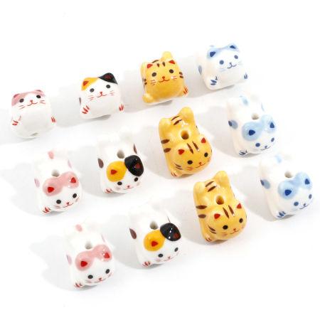 Ceramic Beads For DIY Jewelry Making Cat Animal Multicolor 3D About 21mm x 16mm