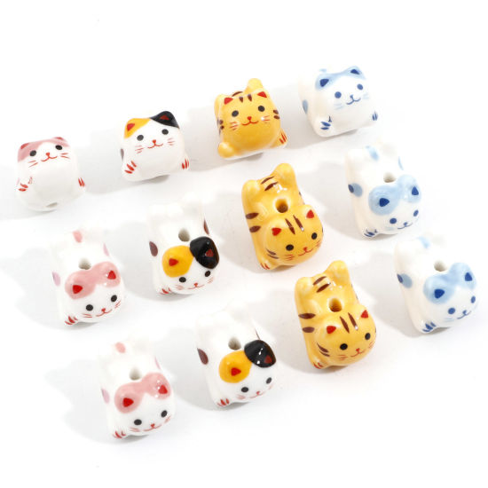 Picture of Ceramic Beads For DIY Jewelry Making Cat Animal Multicolor 3D About 21mm x 16mm