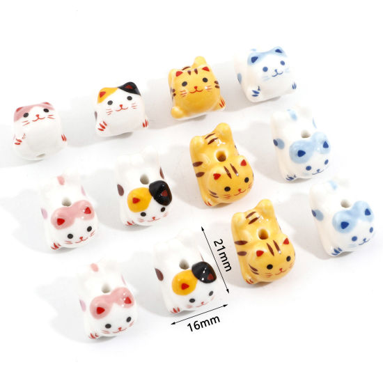 Picture of Ceramic Beads For DIY Jewelry Making Cat Animal Multicolor 3D About 21mm x 16mm