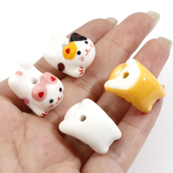 Picture of Ceramic Beads For DIY Jewelry Making Cat Animal Multicolor 3D About 21mm x 16mm