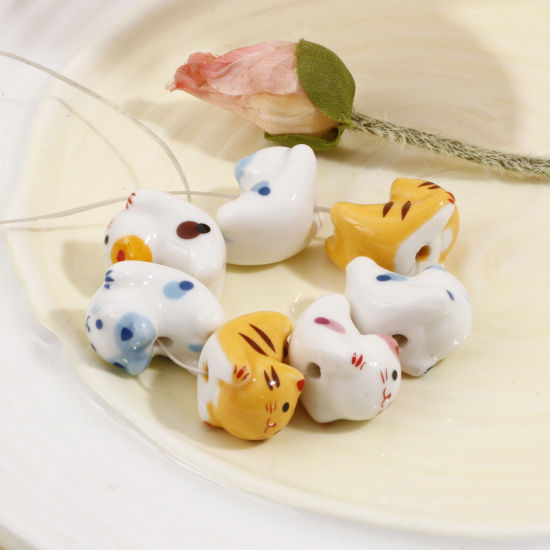 Picture of Ceramic Beads For DIY Jewelry Making Cat Animal Multicolor 3D About 21mm x 16mm