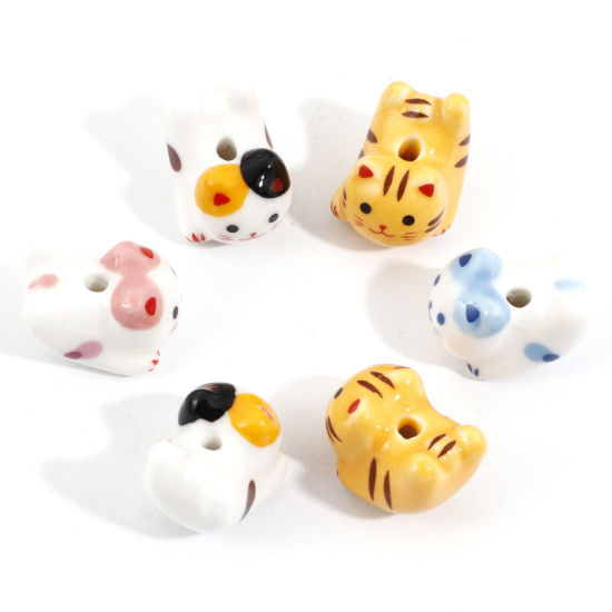 Picture of Ceramic Beads For DIY Jewelry Making Cat Animal Multicolor 3D About 21mm x 16mm