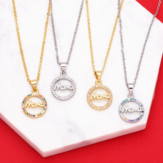 Picture of Brass Mother's Day Pendant Necklace Circle Ring Micro Pave Message " Mama " Multicolor Rhinestone                                                                                                                                                             