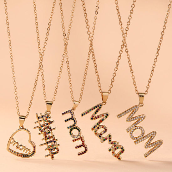 Picture of Brass Mother's Day Pendant Necklace Gold Plated Micro Pave Message " Mama " Multicolor Rhinestone                                                                                                                                                             