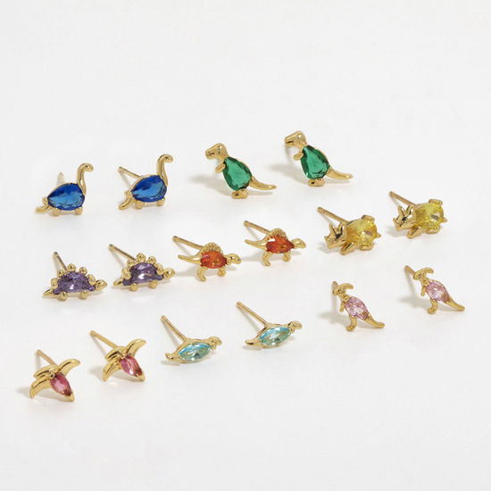 Picture of Brass Cute Ear Post Stud Earrings Gold Plated Dinosaur Animal Multicolour Cubic Zirconia                                                                                                                                                                      