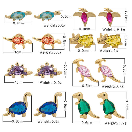 Picture of Brass Cute Ear Post Stud Earrings Gold Plated Dinosaur Animal Multicolour Cubic Zirconia                                                                                                                                                                      