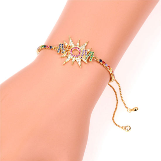 Picture of Brass Mother's Day Adjustable Slider/ Slide Bolo Bracelets Eye Sunshine Gold Plated Micro Pave Multicolour Cubic Zirconia                                                                                                                                     