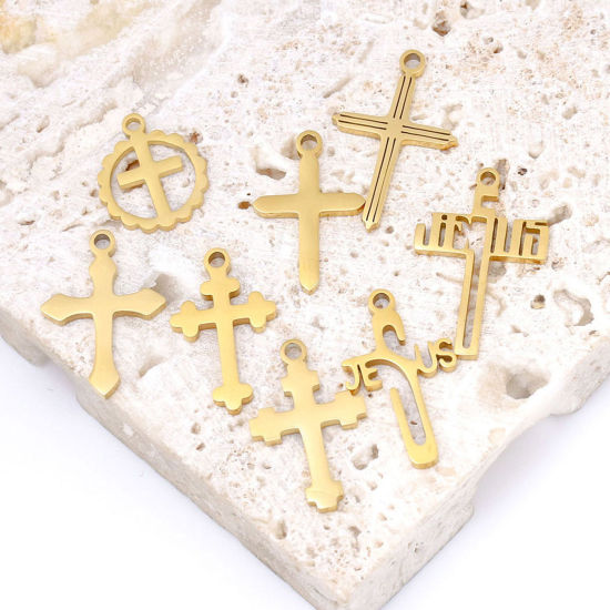Image de Pendentifs en 304 Acier Inoxydable Respectueux de la Nature Religieux Croix Plaqué Or 18K 2 Pcs