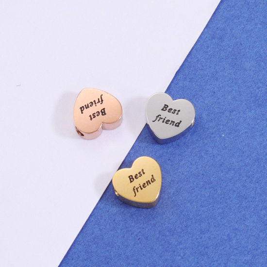 Imagen de Respetuoso del Medio Ambiente 304 Acero Inoxidable Cuentas para la Fabricación de Joyas con Dijes de Bricolaje Corazón Multicolor Mensaje " Best Friend " Espejo 8mm x 7.5mm, Agujero: Aprox 1.8mm, 1 Unidad