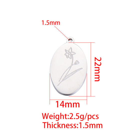 Immagine di Ecologico 304 Acciaio Inossidabile Fiore del Mese di Nascita Charms Ovale Tono Argento Specchio 22mm x 14mm, 1 Pz