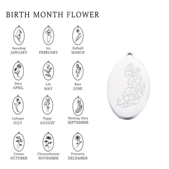 Immagine di Ecologico 304 Acciaio Inossidabile Fiore del Mese di Nascita Charms Ovale Tono Argento Specchio 22mm x 14mm, 1 Pz
